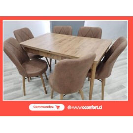 TABLE EXTENSIBLE + 06 CHAISES MARRONS