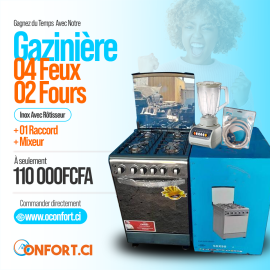 GAZINIÈRE 4 FEUX ET 2 FOURS INOX AVEC ROTISSEUR + 01 RACCORD + 01 MIXEUR