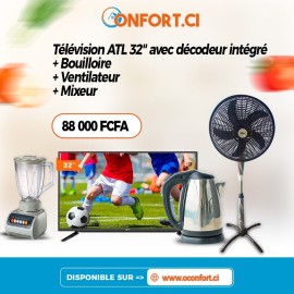 01 Télévision ATL 32" Avec décodeur intégré + 01 Ventilateur 16 pouce + 01 Mixeur + 01 Bouilloire