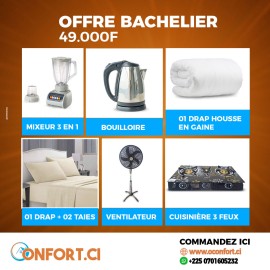 01 Mixeur 3 en 1 - 01 Bouilloire - 01 Drap housse en gaine - 01 Drap de couverture - 02 Taies d'oreillers - 01 Ventilateur